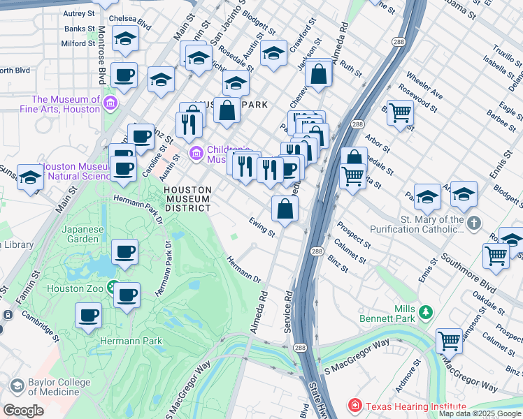 map of restaurants, bars, coffee shops, grocery stores, and more near 1820 Binz Street in Houston