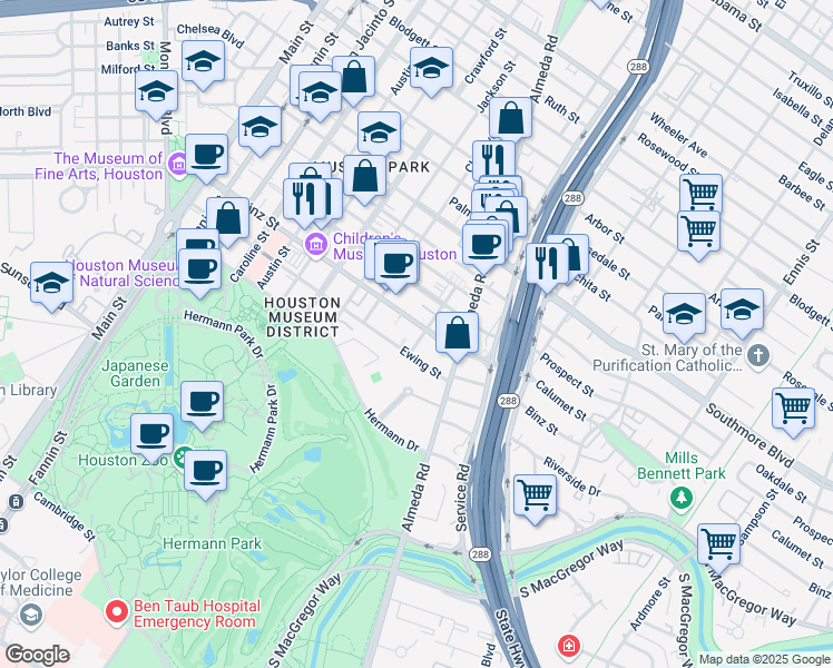 map of restaurants, bars, coffee shops, grocery stores, and more near 1820 Binz Street in Houston