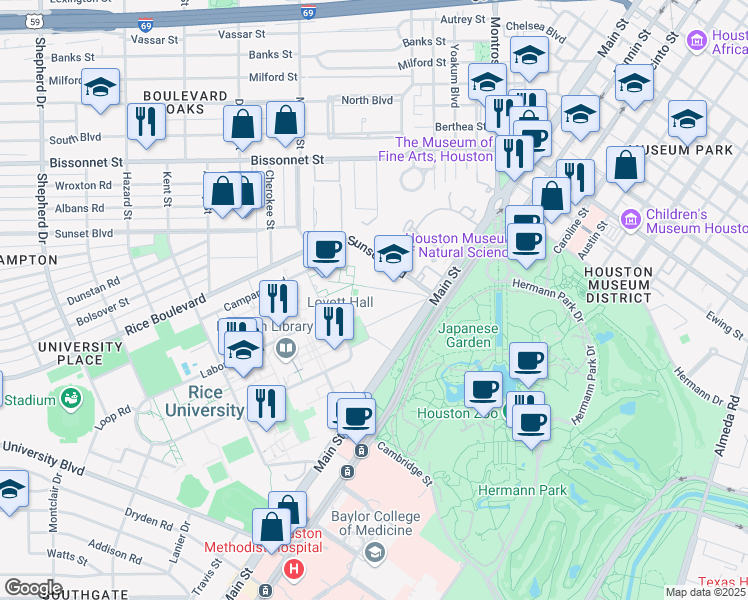 map of restaurants, bars, coffee shops, grocery stores, and more near 23 Sunset Boulevard in Houston