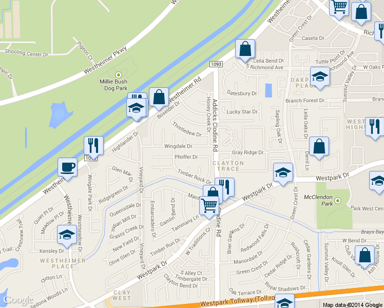 map of restaurants, bars, coffee shops, grocery stores, and more near 15803 Wingdale Drive in Houston