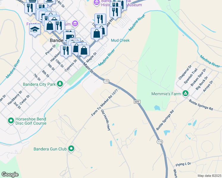 map of restaurants, bars, coffee shops, grocery stores, and more near 286 Texas 173 in Bandera