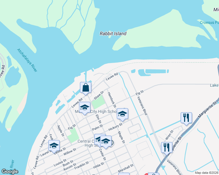 map of restaurants, bars, coffee shops, grocery stores, and more near 2701 Shaw Drive in Morgan City