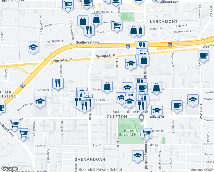 map of restaurants, bars, coffee shops, grocery stores, and more near 5720 Glenmont Drive in Houston