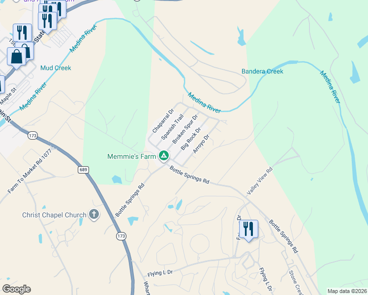map of restaurants, bars, coffee shops, grocery stores, and more near 190 Broken Spur Circle in Bandera