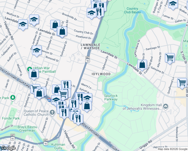 map of restaurants, bars, coffee shops, grocery stores, and more near 6622 Park Lane in Houston