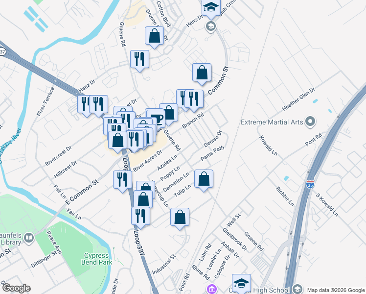 map of restaurants, bars, coffee shops, grocery stores, and more near 1419 Azalea Lane in New Braunfels