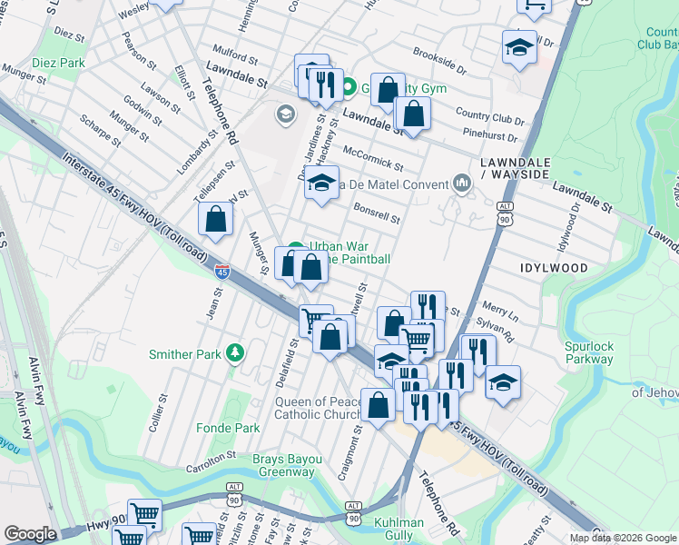 map of restaurants, bars, coffee shops, grocery stores, and more near 5619 Eskridge Street in Houston