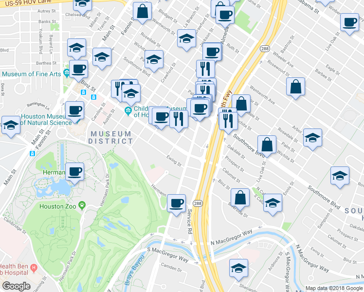 map of restaurants, bars, coffee shops, grocery stores, and more near 5511 Chartres Street in Houston