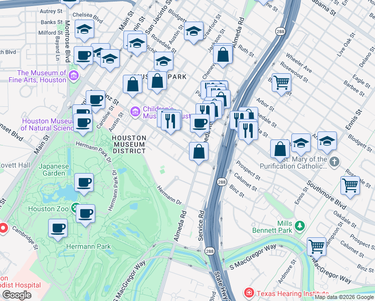 map of restaurants, bars, coffee shops, grocery stores, and more near 5511 Chartres Street in Houston