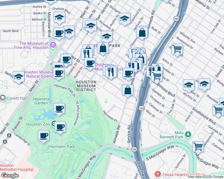 map of restaurants, bars, coffee shops, grocery stores, and more near 1820 Binz Street in Houston
