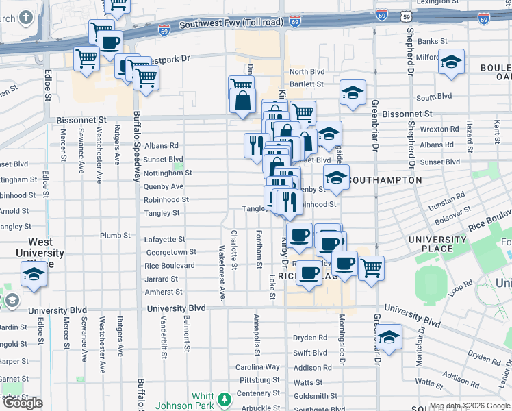 map of restaurants, bars, coffee shops, grocery stores, and more near 2715 Robinhood Street in Houston