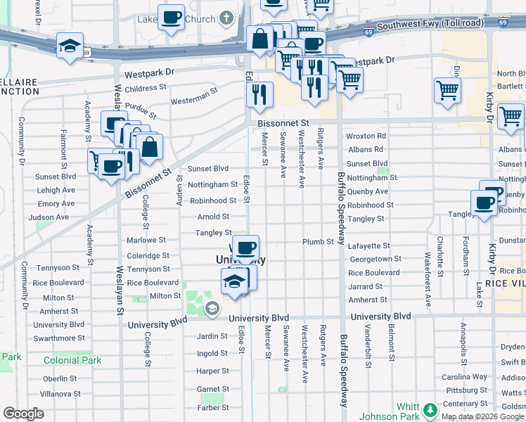 map of restaurants, bars, coffee shops, grocery stores, and more near 3614 Robinhood Street in Houston