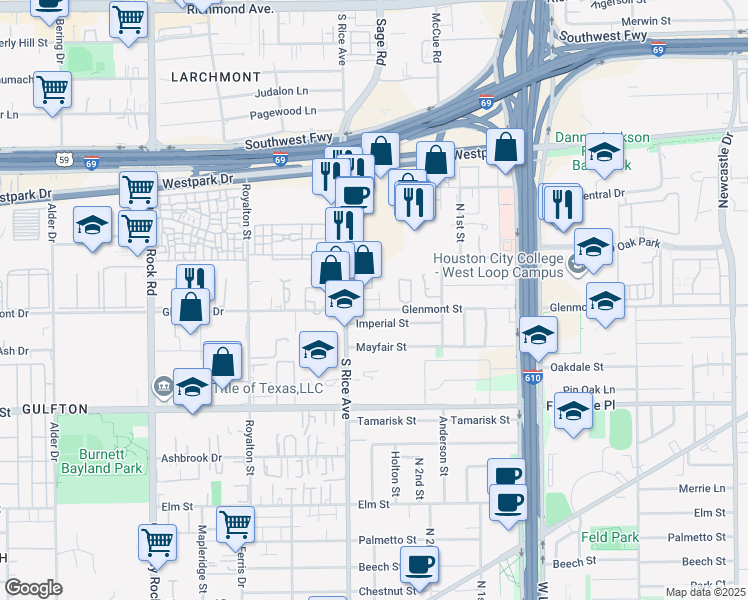 map of restaurants, bars, coffee shops, grocery stores, and more near 5611 South Rice Avenue in Houston