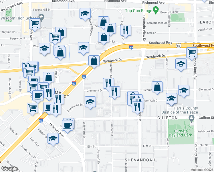 map of restaurants, bars, coffee shops, grocery stores, and more near 5608 Rampart Street in Houston