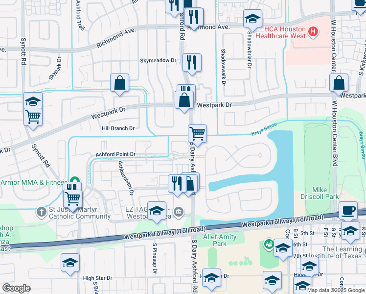 map of restaurants, bars, coffee shops, grocery stores, and more near 12630 Ashford Point Drive in Houston