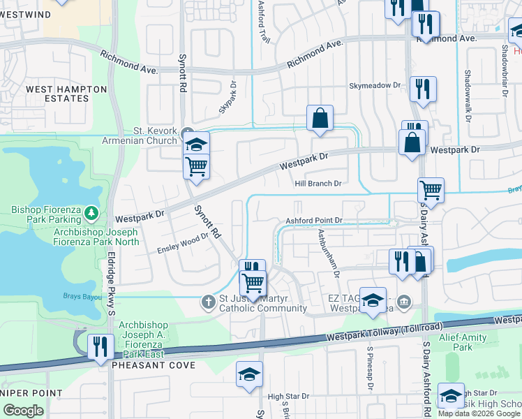 map of restaurants, bars, coffee shops, grocery stores, and more near 12910 Ashford Point Drive in Houston