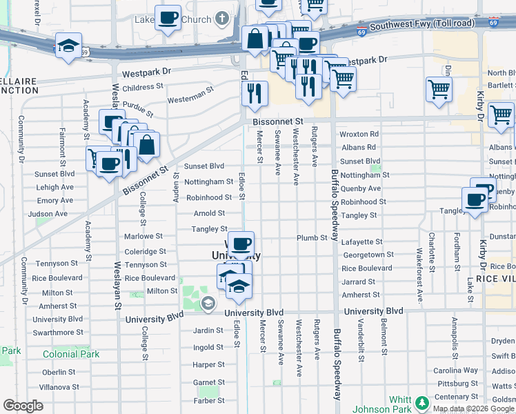 map of restaurants, bars, coffee shops, grocery stores, and more near 3614 Robinhood Street in Houston