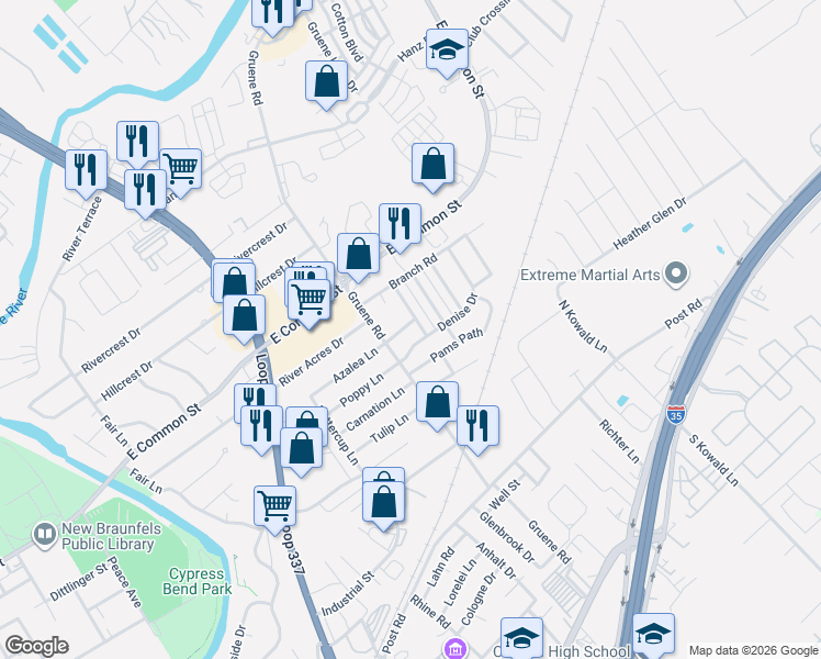 map of restaurants, bars, coffee shops, grocery stores, and more near 1419 Azalea Lane in New Braunfels