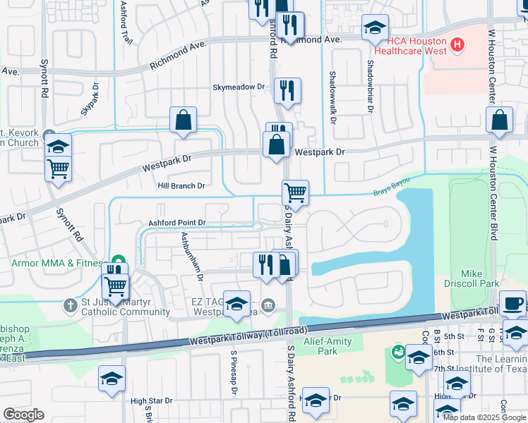 map of restaurants, bars, coffee shops, grocery stores, and more near 12650 Ashford Point Drive in Houston