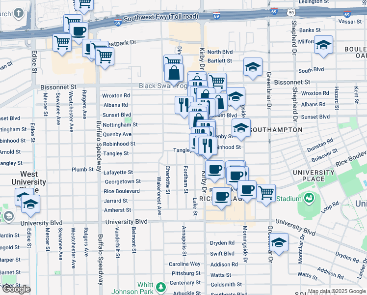 map of restaurants, bars, coffee shops, grocery stores, and more near 2638 Tangley Street in West University Place