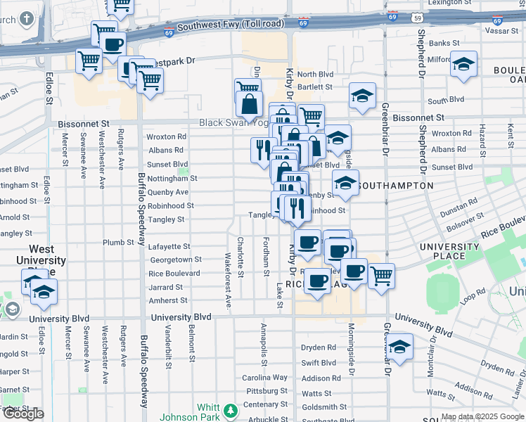 map of restaurants, bars, coffee shops, grocery stores, and more near 2638 Tangley Street in West University Place