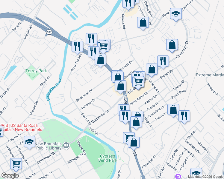 map of restaurants, bars, coffee shops, grocery stores, and more near 1274 Hillcrest Drive in New Braunfels
