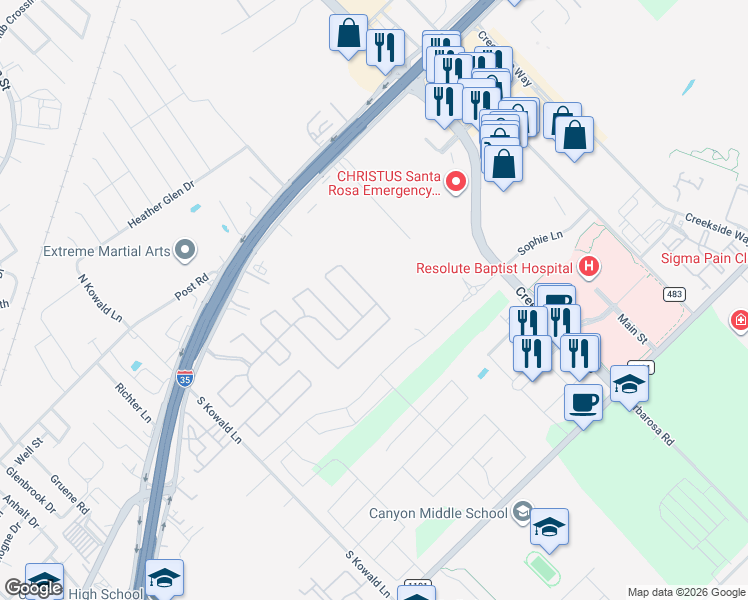 map of restaurants, bars, coffee shops, grocery stores, and more near 289 Cactus Wren Loop in New Braunfels