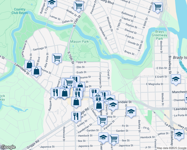 map of restaurants, bars, coffee shops, grocery stores, and more near 7566 Erath Street in Houston