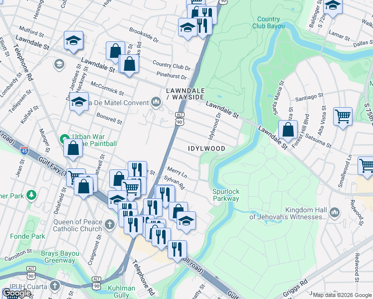 map of restaurants, bars, coffee shops, grocery stores, and more near 6622 Park Lane in Houston