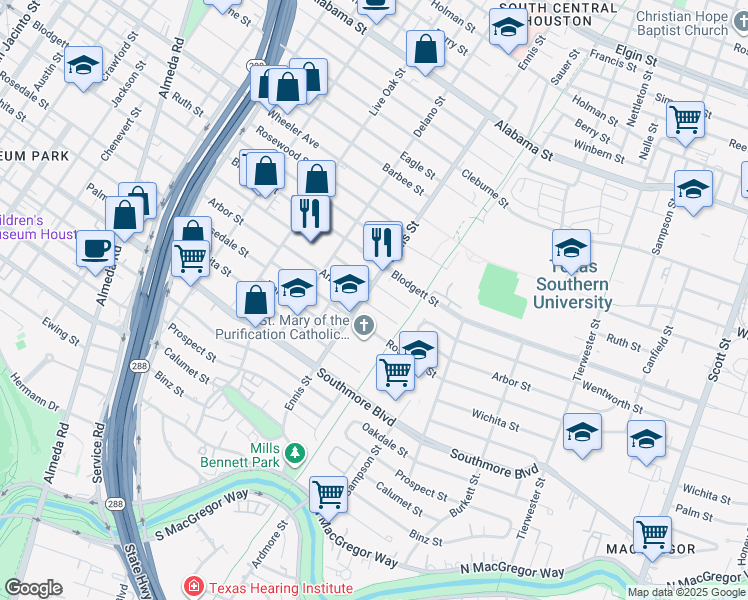 map of restaurants, bars, coffee shops, grocery stores, and more near in Houston