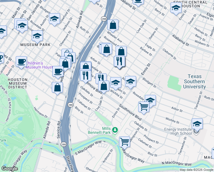 map of restaurants, bars, coffee shops, grocery stores, and more near 2524 Wichita Street in Houston