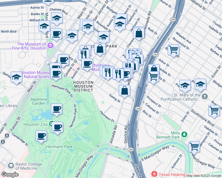 map of restaurants, bars, coffee shops, grocery stores, and more near 1820 Binz Street in Houston