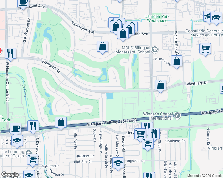 map of restaurants, bars, coffee shops, grocery stores, and more near 11406 Gallant Ridge Lane in Houston