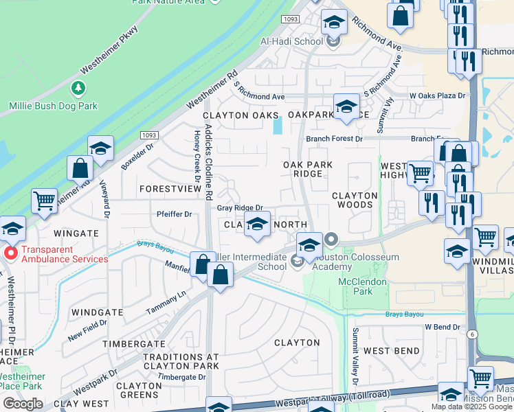 map of restaurants, bars, coffee shops, grocery stores, and more near 15250 Gray Ridge Drive in Houston