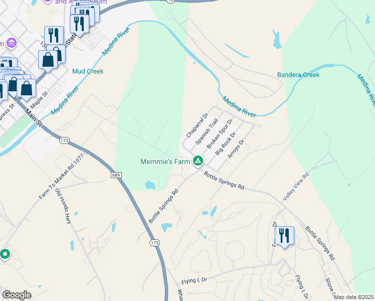 map of restaurants, bars, coffee shops, grocery stores, and more near 143 Spanish Trail in Bandera