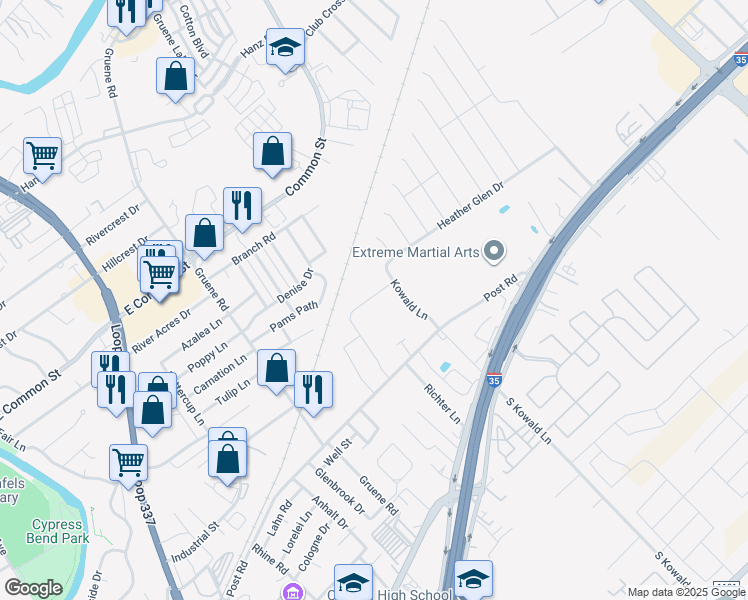 map of restaurants, bars, coffee shops, grocery stores, and more near 370 North Kowald Lane in New Braunfels