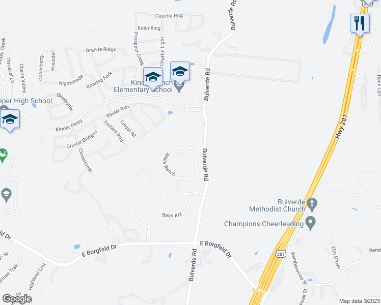 map of restaurants, bars, coffee shops, grocery stores, and more near 28422 Willis Ranch in San Antonio