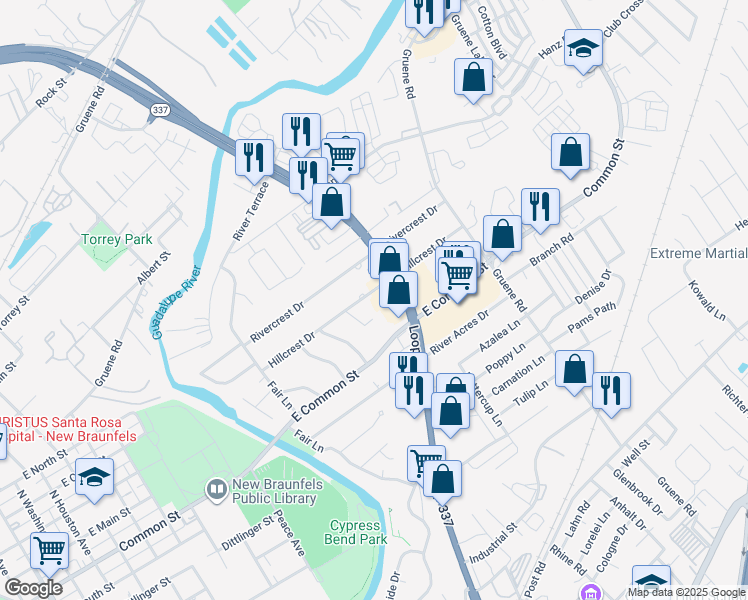 map of restaurants, bars, coffee shops, grocery stores, and more near 1274 Hillcrest Drive in New Braunfels