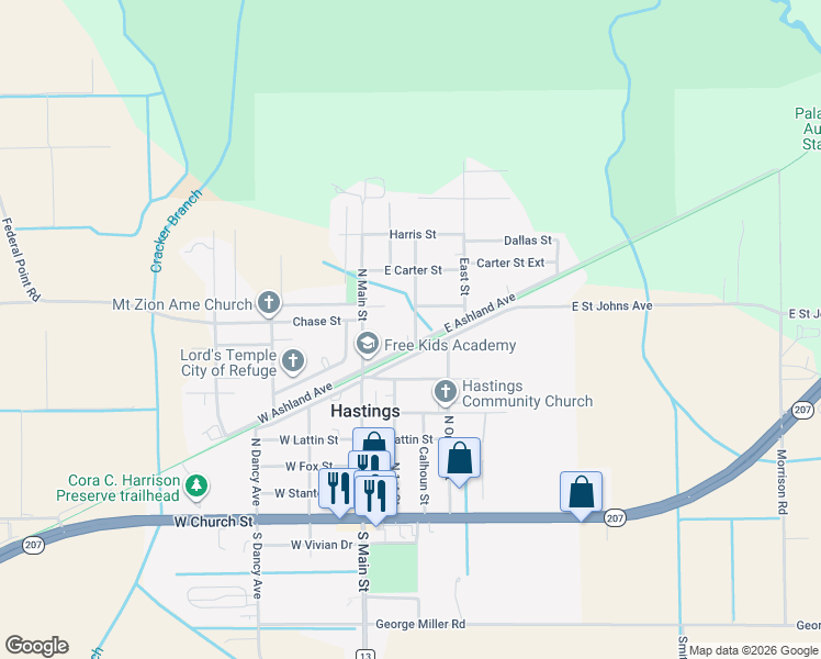 map of restaurants, bars, coffee shops, grocery stores, and more near 505 Wilson Road in Hastings