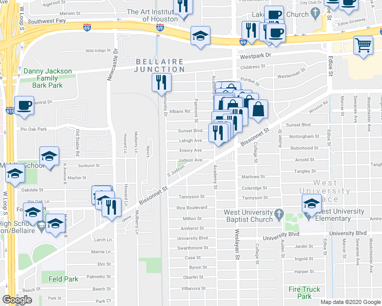 map of restaurants, bars, coffee shops, grocery stores, and more near 4209 Emory Avenue in Houston