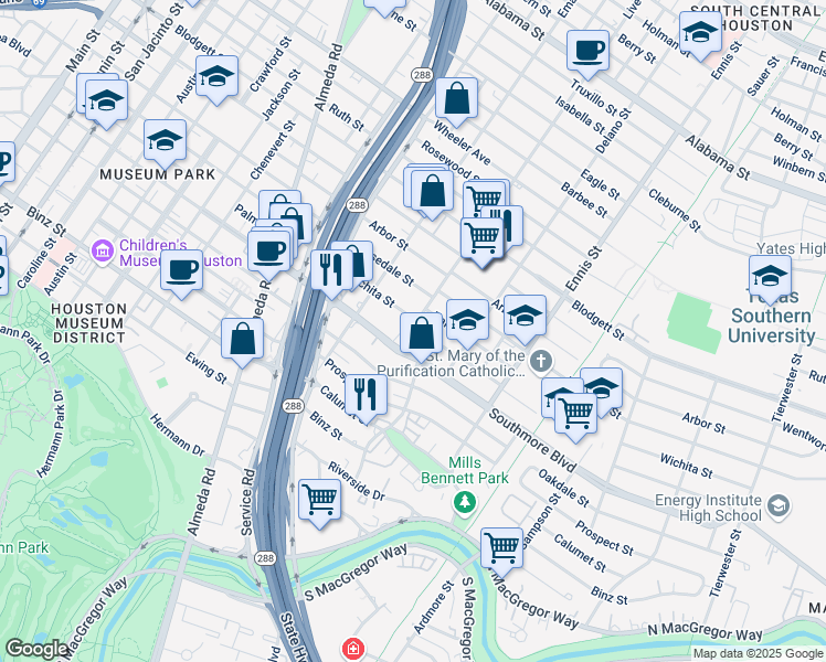 map of restaurants, bars, coffee shops, grocery stores, and more near 2524 Wichita Street in Houston
