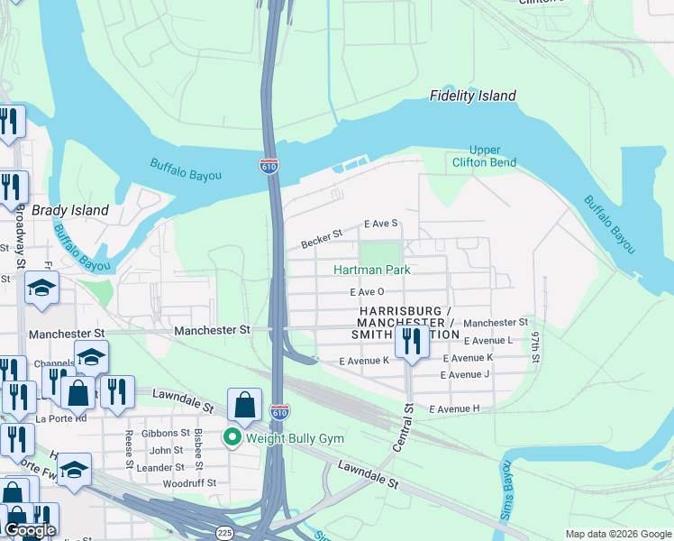 map of restaurants, bars, coffee shops, grocery stores, and more near 9222 East Avenue Q in Houston