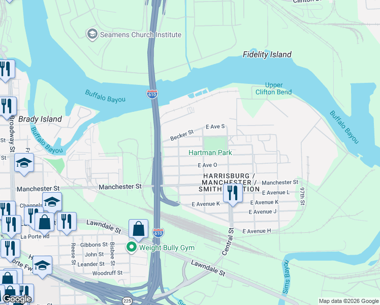 map of restaurants, bars, coffee shops, grocery stores, and more near 9222 East Avenue Q in Houston