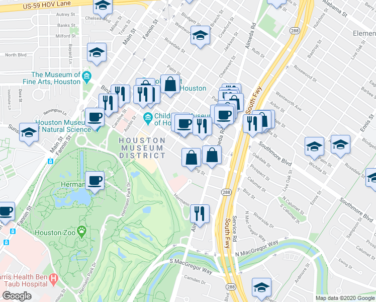 map of restaurants, bars, coffee shops, grocery stores, and more near 1820 Binz Street in Houston