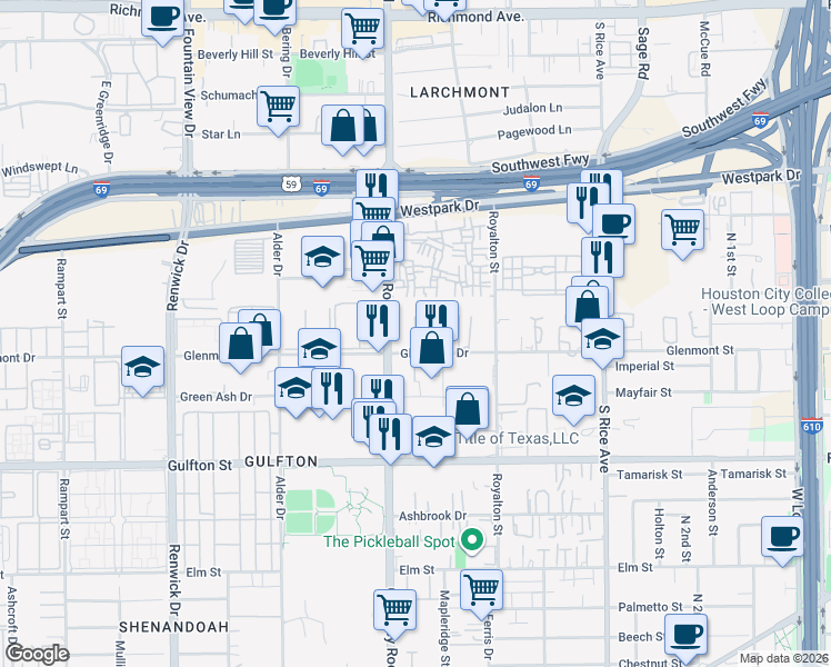map of restaurants, bars, coffee shops, grocery stores, and more near 5601 Chimney Rock Road in Houston