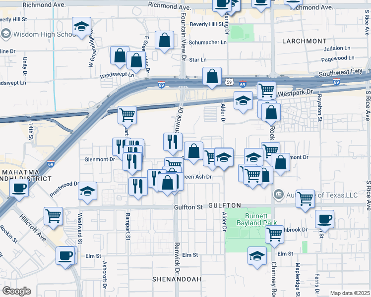 map of restaurants, bars, coffee shops, grocery stores, and more near 5840 Glenmont Drive in Houston