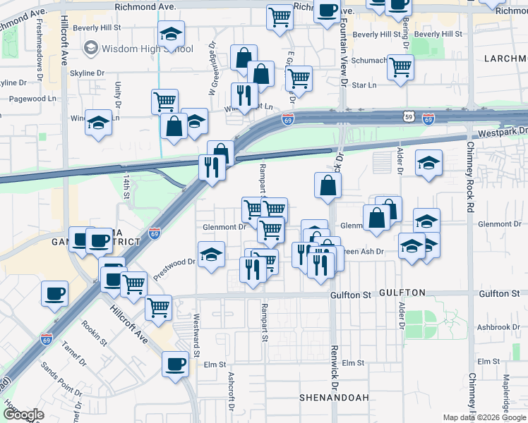 map of restaurants, bars, coffee shops, grocery stores, and more near 5605 Rampart Street in Houston