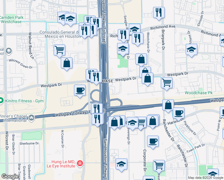 map of restaurants, bars, coffee shops, grocery stores, and more near 4033 West Sam Houston Parkway South in Houston