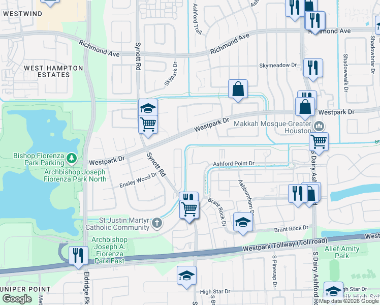 map of restaurants, bars, coffee shops, grocery stores, and more near 12910 Ashford Point Drive in Houston