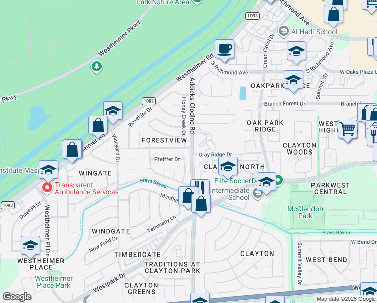 map of restaurants, bars, coffee shops, grocery stores, and more near 15707 Wingdale Drive in Houston